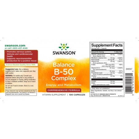 B vitamīnu komplekss, Swanson, 500 mg, 100 kapsulas