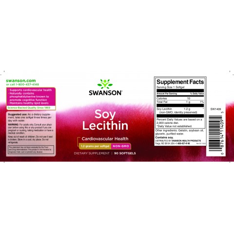 Лецитин без ГМО Soy Lecithin, Swanson, 1200 мг, 90 капсул