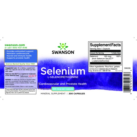 Selēns L-selenometionīns, Swanson, 100mcg, 200 kapsulas
