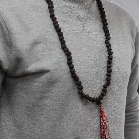 Rudraksha necklace Mala, dark brown, 108 beads with tassel