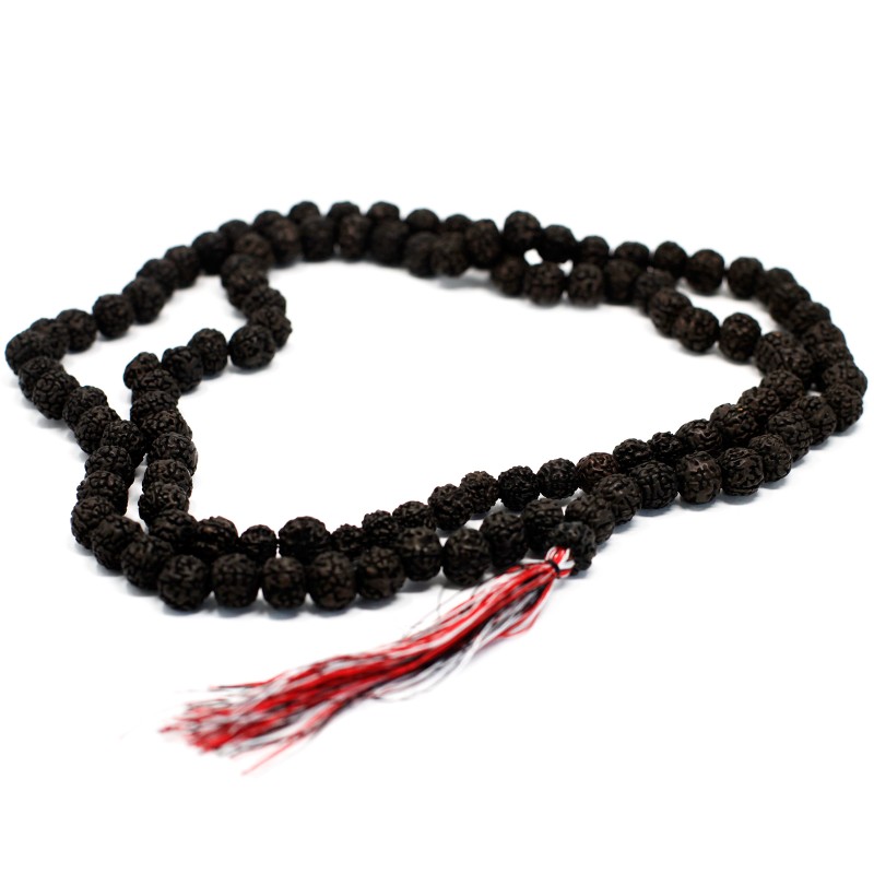 Rudraksha necklace Mala, dark brown, 108 beads with tassel