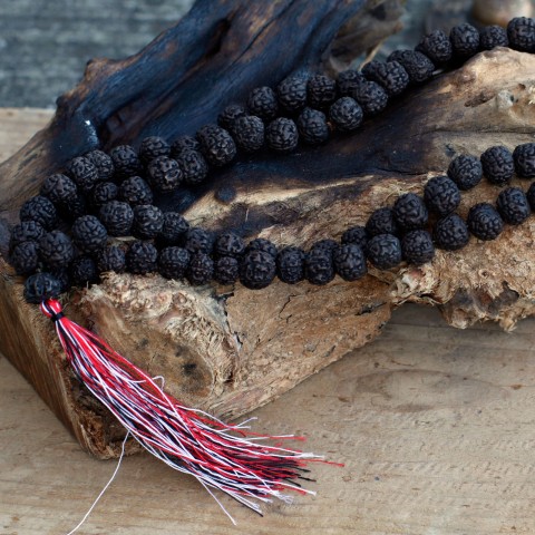 Rudraksha necklace Mala, dark brown, 108 beads with tassel