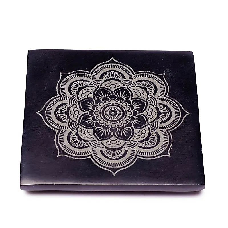 Mandala black soapstone incense holder, 10cm