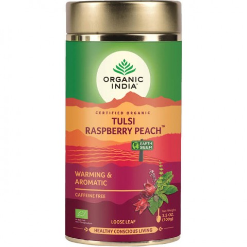 Ароматный согревающий аюрведический чай Тулси Малина Персик, некрепкий, Organic India, 100 г