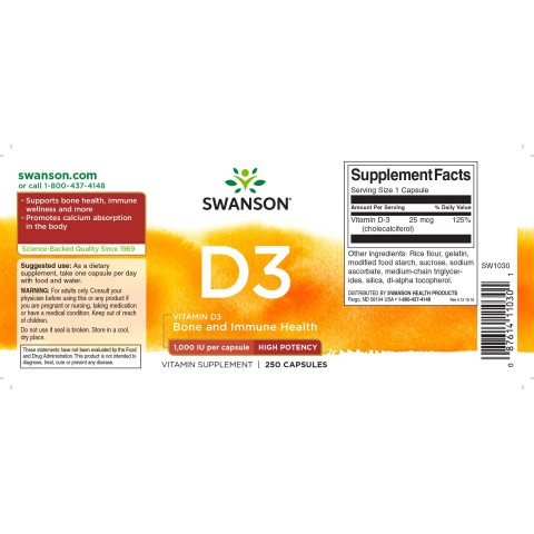 D3 vitamīns 1000TV, 25 mcg, Swanson, 250 kapsulas