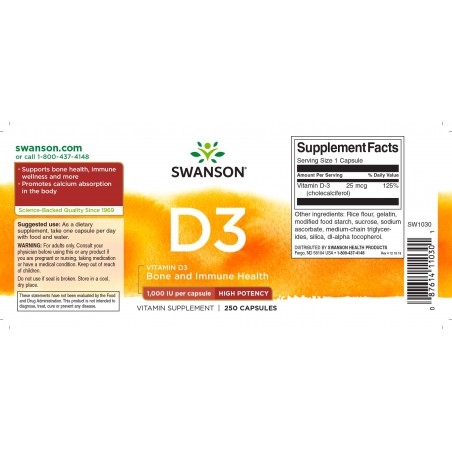 D3 vitamīns 1000TV, 25 mcg, Swanson, 250 kapsulas