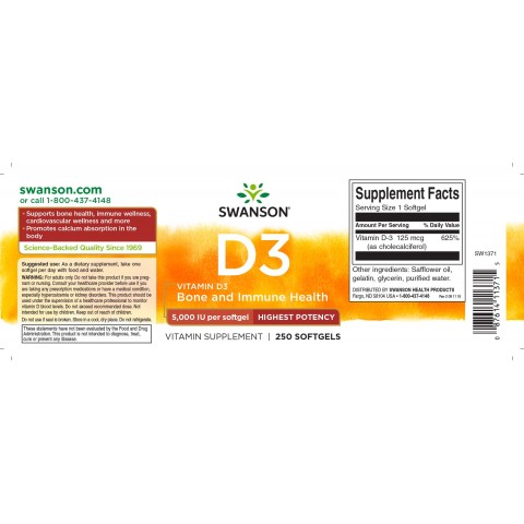 D3 vitamīns 5000 IU, 125 mcg, Swanson, 250 kapsulas