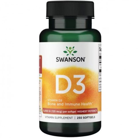 D3 vitamīns 5000 IU, 125 mcg, Swanson, 250 kapsulas