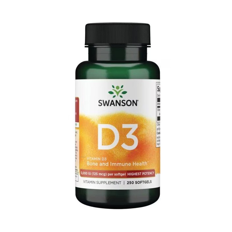 D3 vitamīns 5000 IU, 125 mcg, Swanson, 250 kapsulas