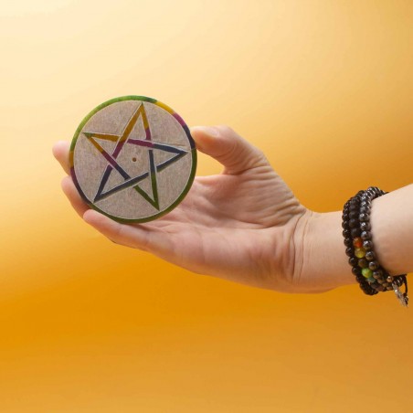 Soapstone disc incense holder Pentagram, 8cm