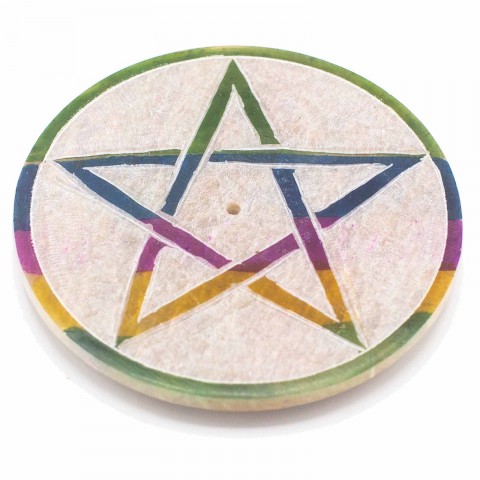 Soapstone disc incense holder Pentagram, 8cm