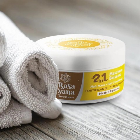 Matu stiprinoša maska-kondicionieris 2-in-1 ar Grieķu sierāboliņu un ingveru, Rasayana Biocosmesi, 200ml