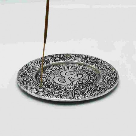 Round polished aluminium incense holder OM, 11 cm