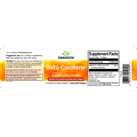A vitamīna beta-karotīns, Swanson, 3000mcg, 100 kapsulas