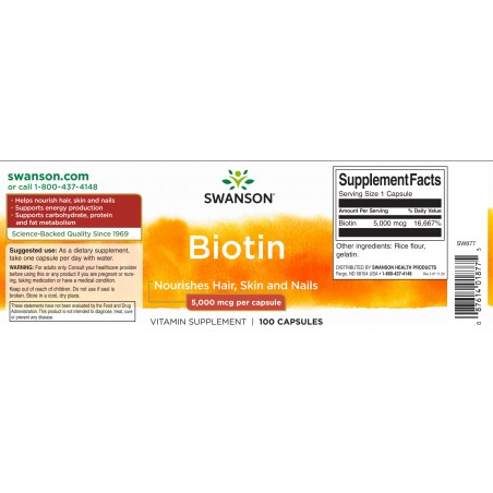 Biotīns, Swanson, 5000mcg, 100 kapsulas