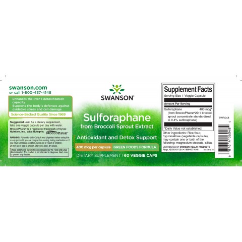 Brokoļu ekstrakts sulforafāns, Swanson, 400mcg, 60 kapsulas