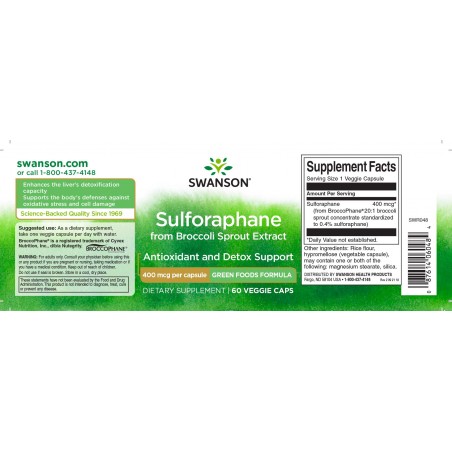 Brokoļu ekstrakts sulforafāns, Swanson, 400mcg, 60 kapsulas