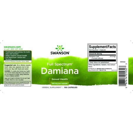 Damiāna lapas Turnera Diffusa, Swanson, 510mg, 100 kapsulas