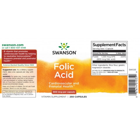 Folijskābe, Swanson, 800mcg, 250 kapsulas