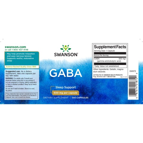 Gamma-amīnamosviestskābe GABA, Swanson, 500mg, 100 kapsulas