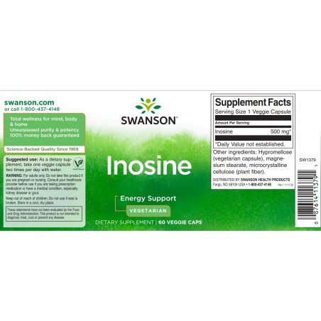 Inosīns, Swanson, 500 mg, 60 kapsulas