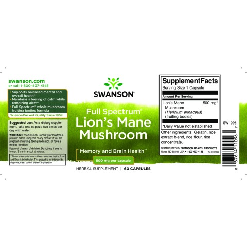 Lion's Mane sēne, Swanson, 500 mg, 60 kapsulas