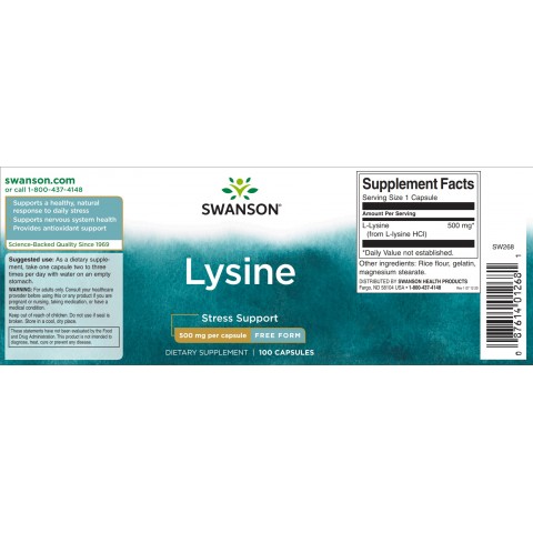 L-lizīns Lysine, Swanson, 500mg, 100 kapsulas