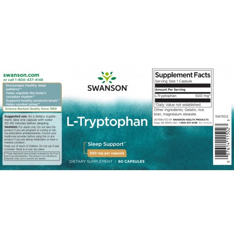 L-triptofāns, Swanson, 500 mg, 60 kapsulas