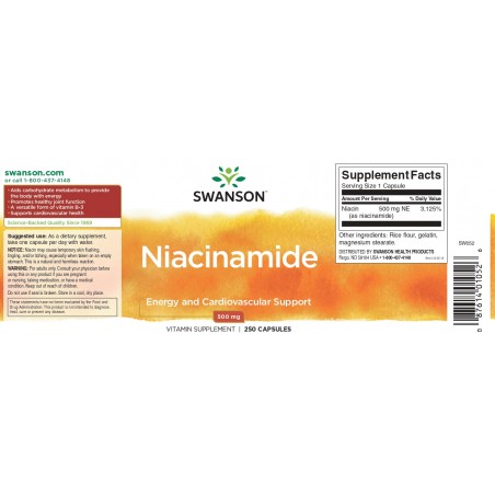 B3 vitamīns niacīns, Swanson, 500mg, 250 kapsulas