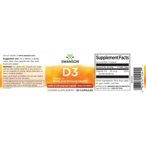 D3 vitamīns 1000TV, 25 mcg, Swanson, 30 kapsulas