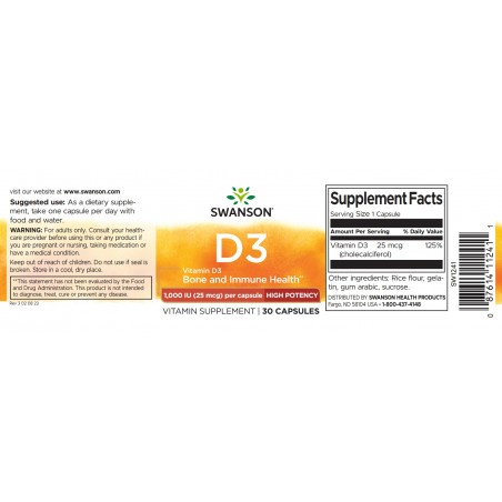 D3 vitamīns 1000TV, 25 mcg, Swanson, 30 kapsulas
