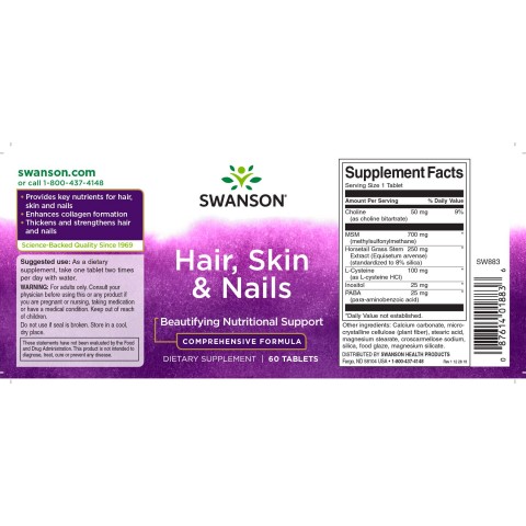 Hair, Skin and Nails Food Supplement, Swanson, 1150mg, 60 tablets