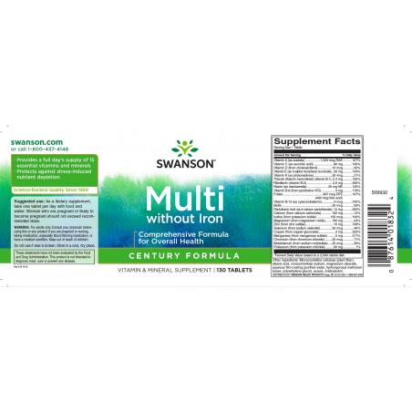 Super multivitamīnu un minerālvielu komplekss bez dzelzs, Swanson, 1500mg, 130 tabletes