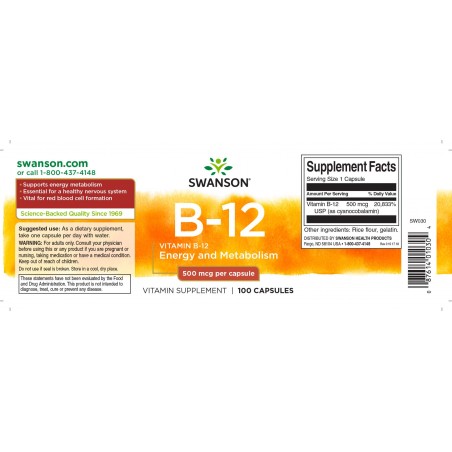 B12 vitamīns (cianokobalamīns), Swanson, 500mg, 100 kapsulas