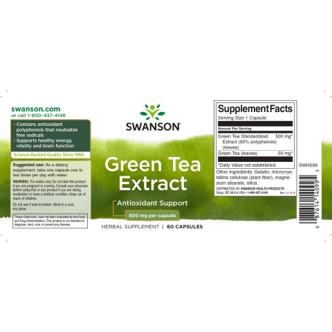 Zaļās tējas ekstrakts Zaļā tēja, Swanson, 500mg, 60 kapsulas