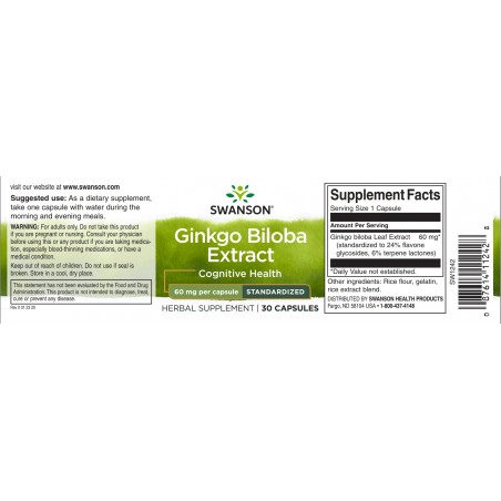 Ginkgo Biloba ekstrakts, Swanson, 60mg, 30 kapsulas
