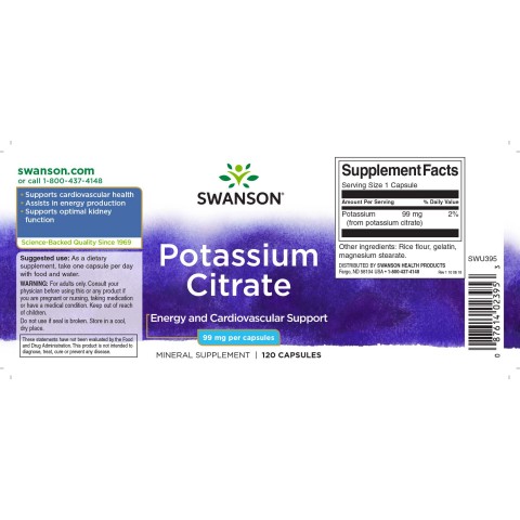 Uztura bagātinātājs Potassium Citrate, Swanson, 99mg, 120 kapsulas