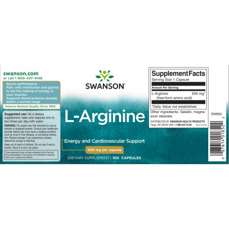 Uztura bagātinātājs L-Arginīns, Swanson, 500mg, 100 kapsulas