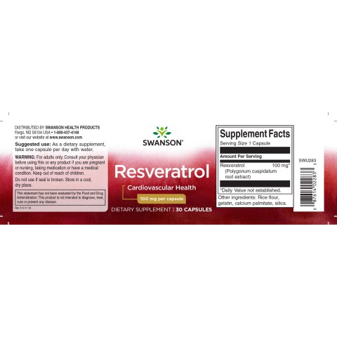 Пищевая добавка Ресвератрол, Swanson, 100 мг, 30 капсул